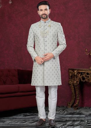 Grey Embroidered Indo Western Sherwani Set
