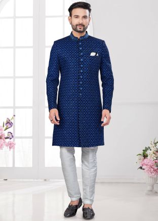Blue Embroidered Velvet Indo Western Sherwani Set