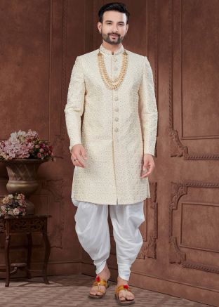 Cream Embroidered Indo Western Sherwani With Dhoti