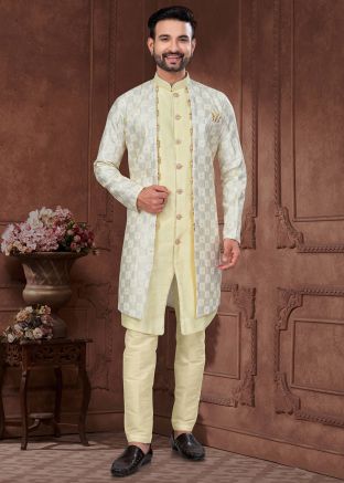 Embroidered Jacket Style Yellow Indo Western Sherwani
