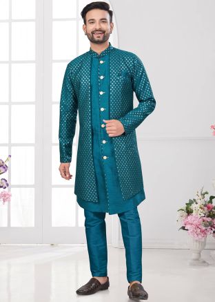 Embellished Jacket Style Teal Blue Indo Western Sherwani