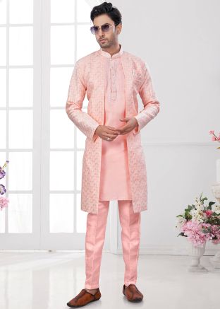 Peach Jacket Style Embroidered Indo Western Sherwani