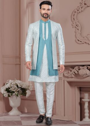 Blue & Off White Men Jacket Style Indo Western Sherwani
