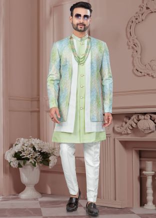 Green & Off White Jacket Style Indo Western Sherwani