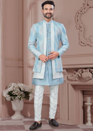 Blue & Off White Jacket Style Indo Western Sherwani