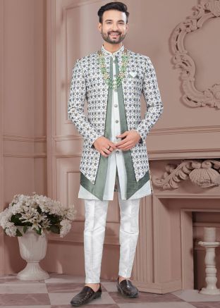 Off White & Grey Printed Jacket Style Indo Western Sherwani