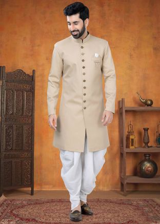 Beige Men Indo Western Sherwni With Dhoti