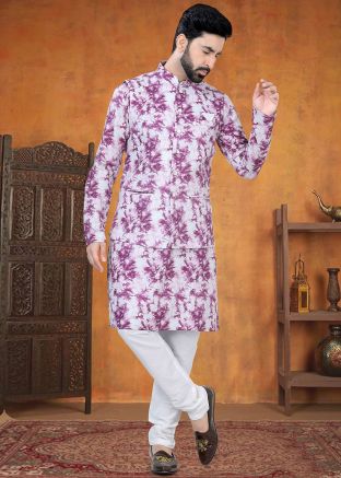 Purple Tie-Dye Print Men Kurta Pajama With Nehru Jacket