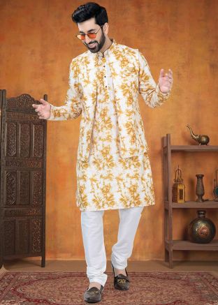 Yellow Tie-Dye Print Kurta Pajama With Nehru Jacket