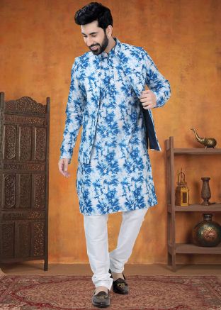 Blue Men Indo Western Sherwani Set With Dhoti