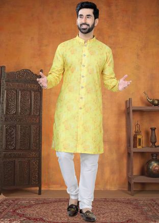 Yellow Printed Kurta Pajama In Cotton