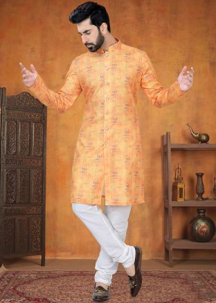 Orange Printed Kurta Pajama In Cotton