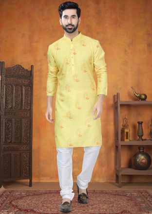 Yellow Men Kurta Pajama In Printed