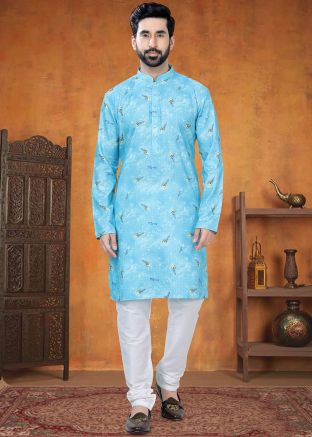 Blue Printed Kurta Pajama In Cotton