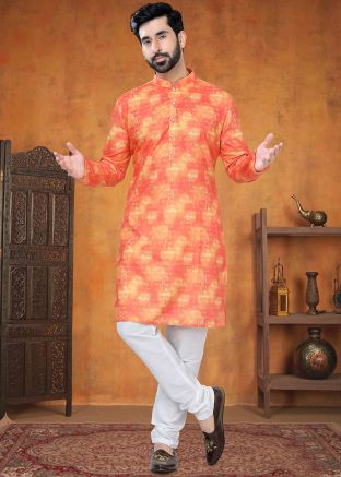 Orange Printed Kurta Pajama In Cotton