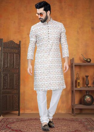 Cream Printed Kurta Pajama In Cotton