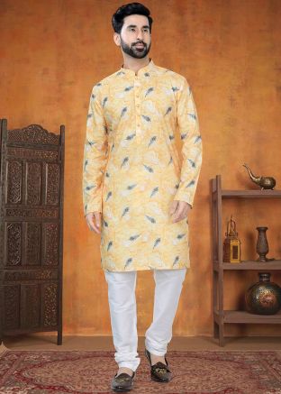 Yellow Printed Kurta Pajama In Cotton