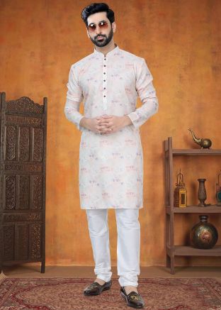 Cream Printed Kurta Pajama In Cotton