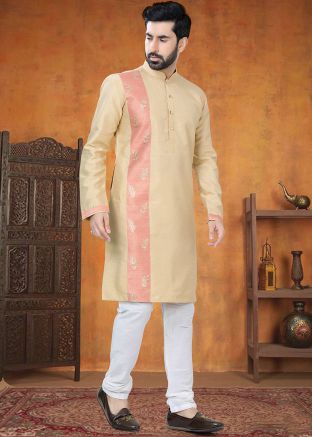 Cream Woven Kurta Pajama In Cotton
