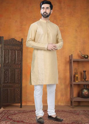 Cream Woven Kurta Pajama In Cotton