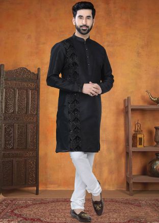 Black Embroidered Kurta Pajama In Silk