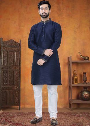 Blue Silk Men Kurta Pajama