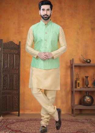 Cream Kurta Pajama With Embroidered Nehru Jacket