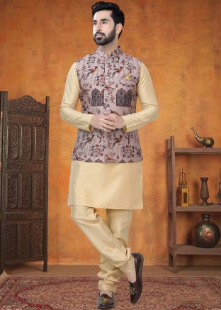 Cream Kurta Pajama With Printed Nehru Jacket