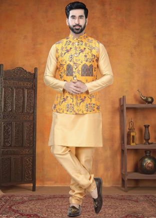 Cream Kurta Pajama With Printed Nehru Jacket