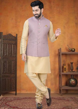 Cream Kurta Pajama With Woven Nehru Jacket