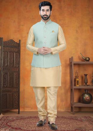Cream Kurta Pajama With Woven Nehru Jacket