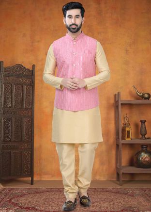 Cream Kurta Pajama With Woven Nehru Jacket
