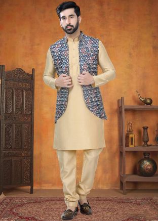 Cream Kurta Pajama With Woven Nehru Jacket