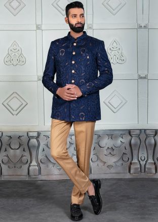 Blue Woven Bandhgala Jodhpuri Suit