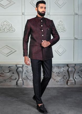 Wine Embroidered Men Bandhgala Jodhpuri Suit