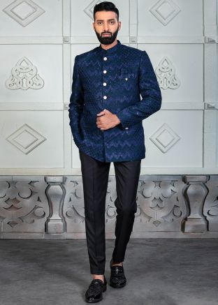 Blue Embroidered Men Bandhgala Jodhpuri Suit