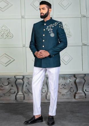 Blue Embroidered Men Bandhgala Jodhpuri Suit