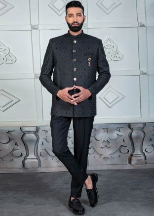 Black Woven Men Bandhgala Jodhpuri Suit