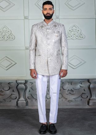 White Men Bandhgala Jodhpuri Suit In Woven Work