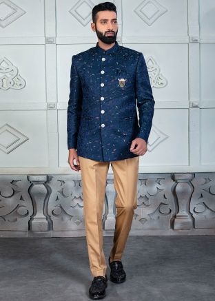 Blue Woven Bandhgala Jodhpuri Suit