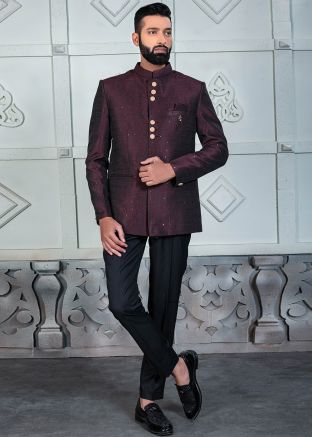 Wine Embroidered Men Bandhgala Jodhpuri Suit