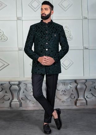 Green Woven Men Bandhgala Jodhpuri