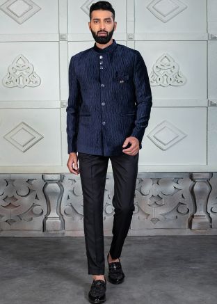 Blue Woven Bandhgala Jodhpuri Suit