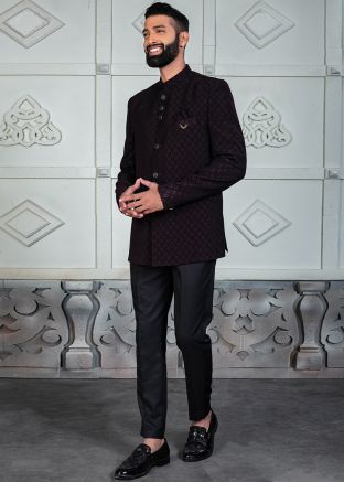 Wine Woven Work Bandhgala Jodhpuri Suit