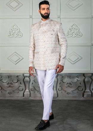 Cream Woven Bandhgala Jodhpuri Suit