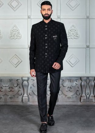 Black Woven Bandhgala Jodhpuri Suit