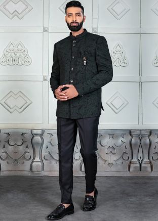 Green Woven Men Bandhgala Jodhpuri Suit