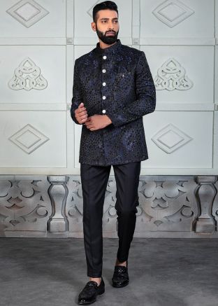 Blue Woven Men Bandhgala Jodhpuri Suit