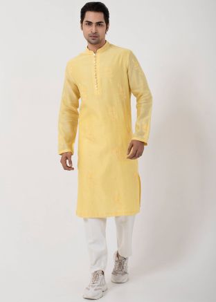Yellow Readymade Embroidered Men Chanderi Kurta Pajama