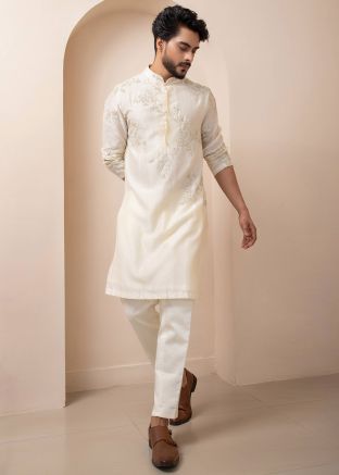 Off White Readymade Embroidered Kurta Pajama In Chanderi